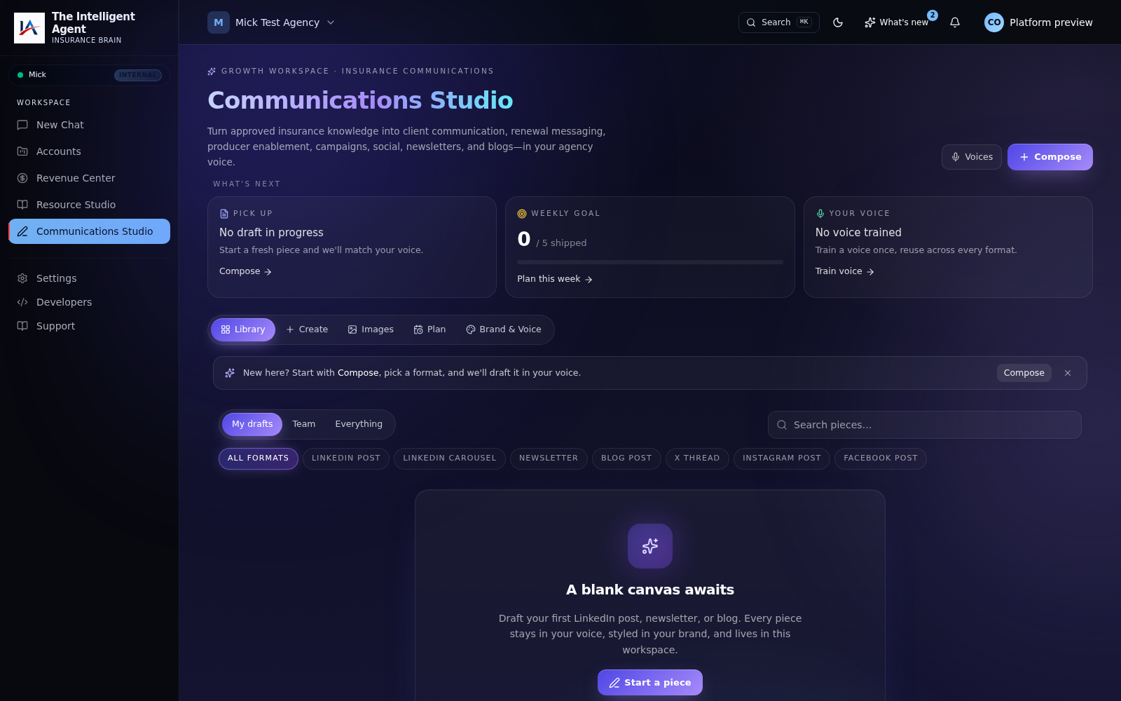 The actual Communications Studio workspace in The Intelligent Agent