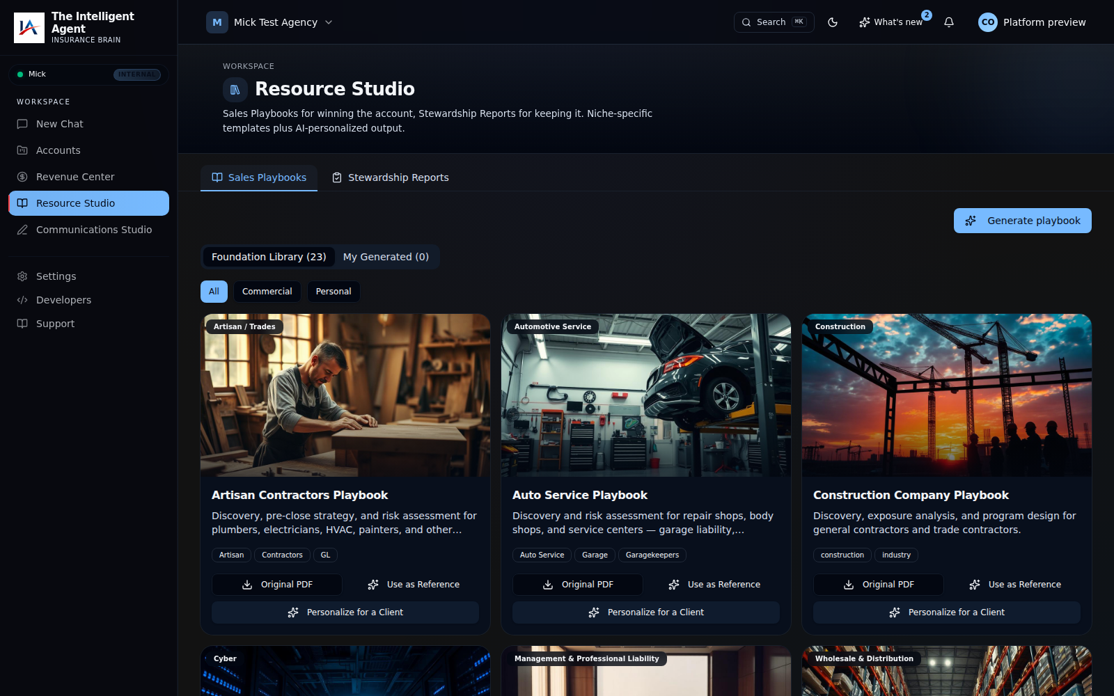 The actual Resource Studio niche playbook library in The Intelligent Agent